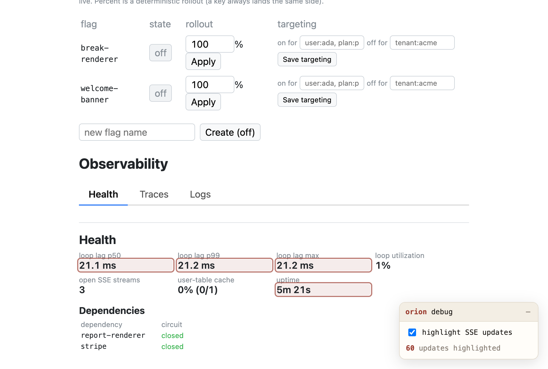 The admin Observability section, Health tab — event-loop lag, utilization, open streams, and circuit breakers