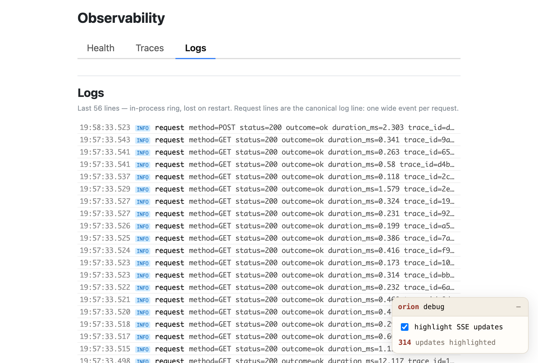 The admin Observability section, Logs tab — the canonical log line ring