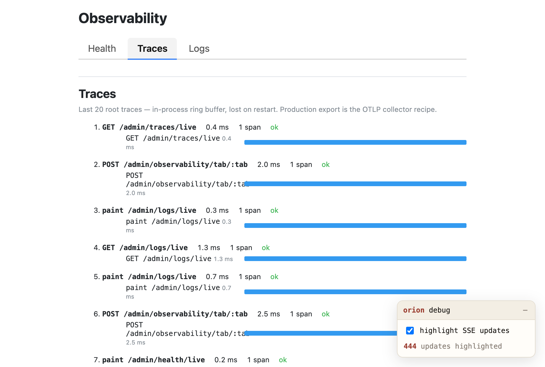 The admin Observability section, Traces tab — recent root spans with waterfall bars