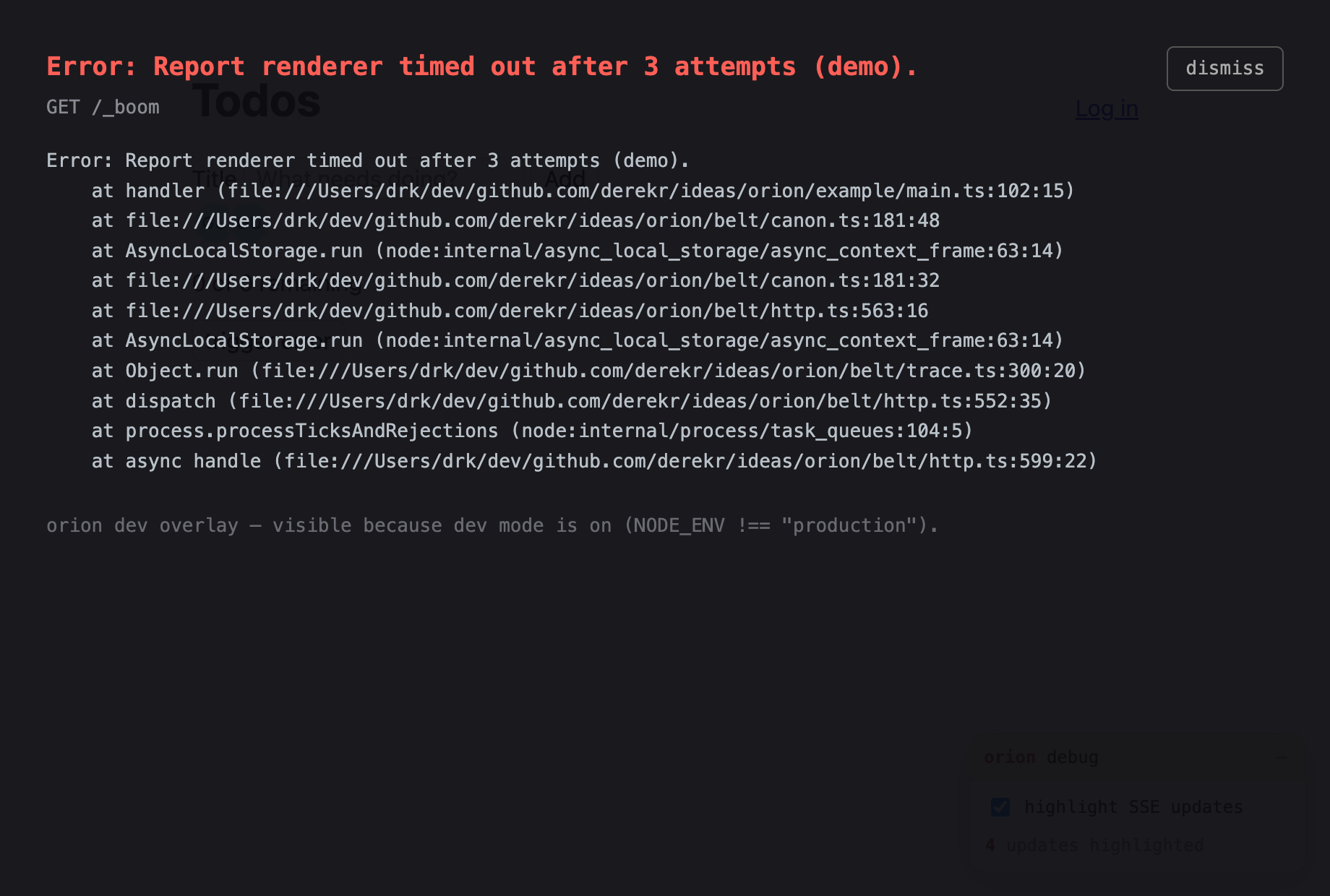 The dev error overlay patched over the running app, showing the error, route, and stack trace