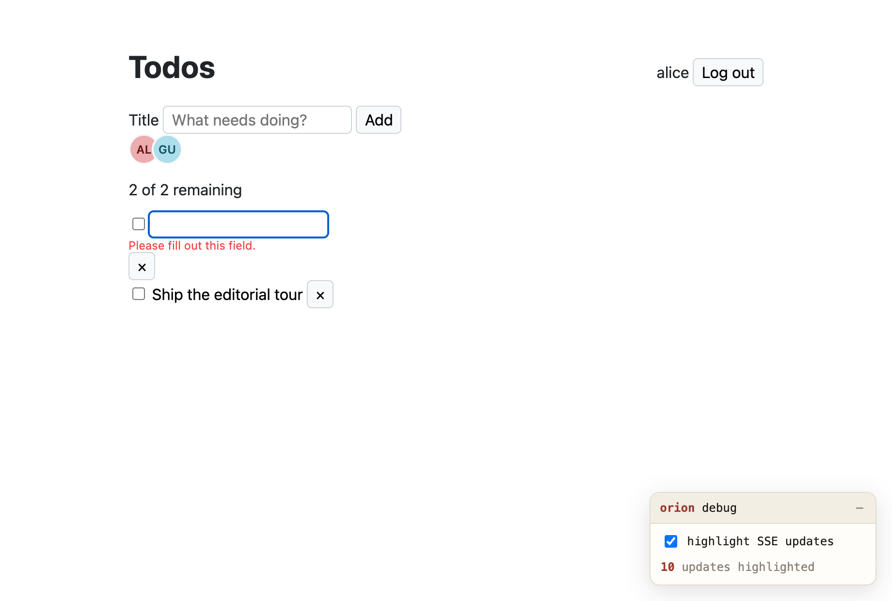 The todos app with the debug panel, presence avatars, and an inline-edit validation error